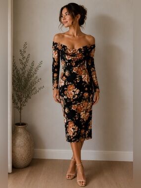 hello miss Black Floral Long Sleeve Midi Dress